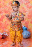 Boys Mustard Yellow Patchwork Ethnic Printed Krishna Dhoti Set with Accessories