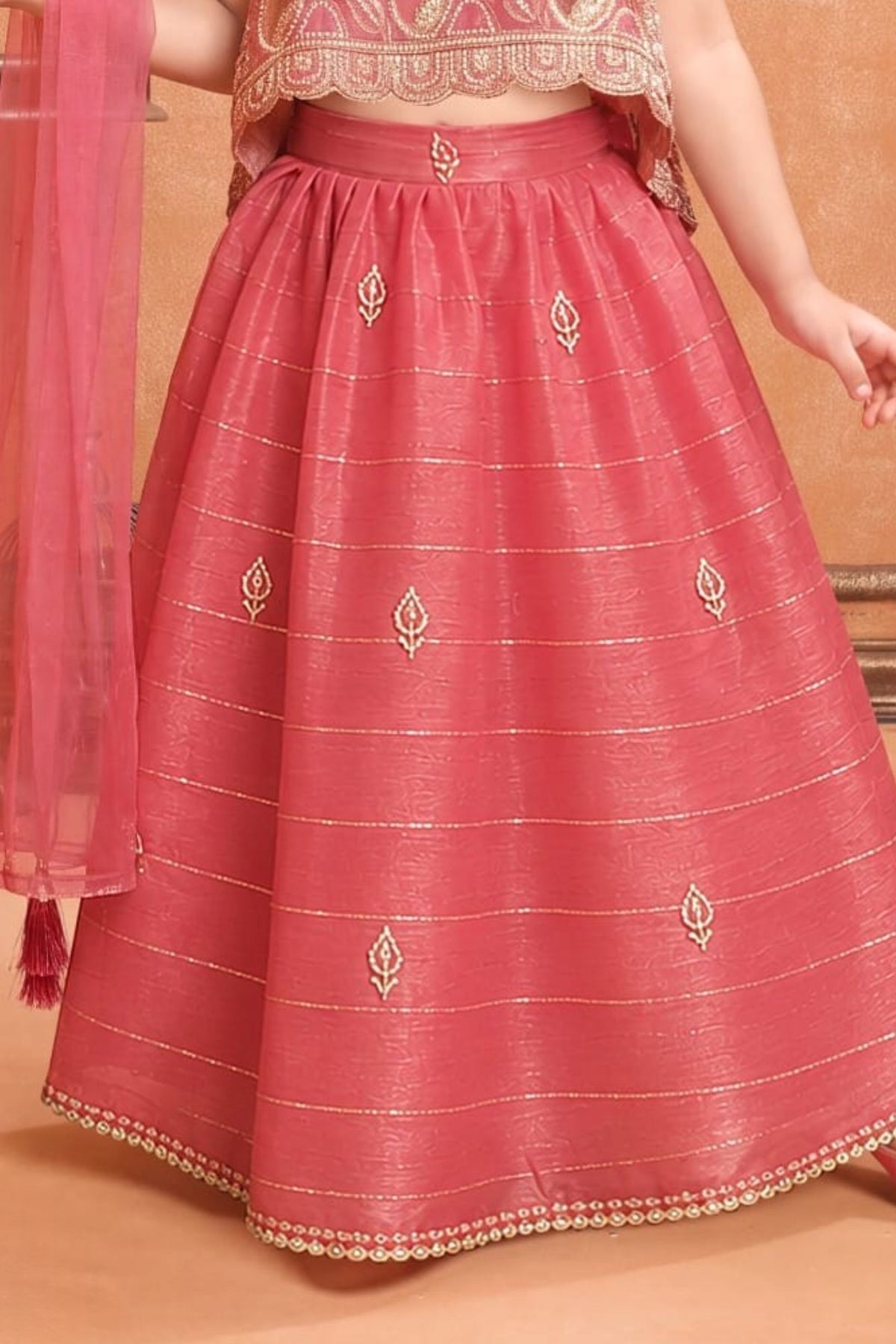 Girls Pink Sequin Embroidered Lehenga Choli Set With Dupatta