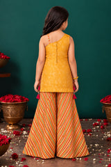 Girls Mustard Yellow Embroidered Palazzo Set With Leheriya Print And Dupatta