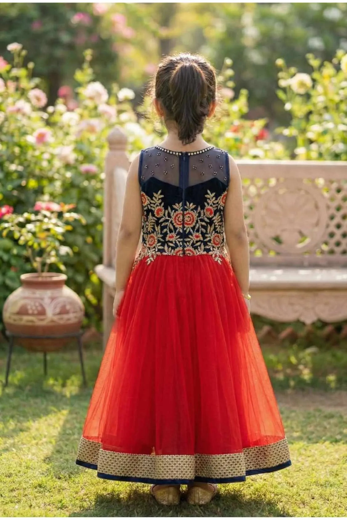 Red And Navy Embroidered Gown For Girls