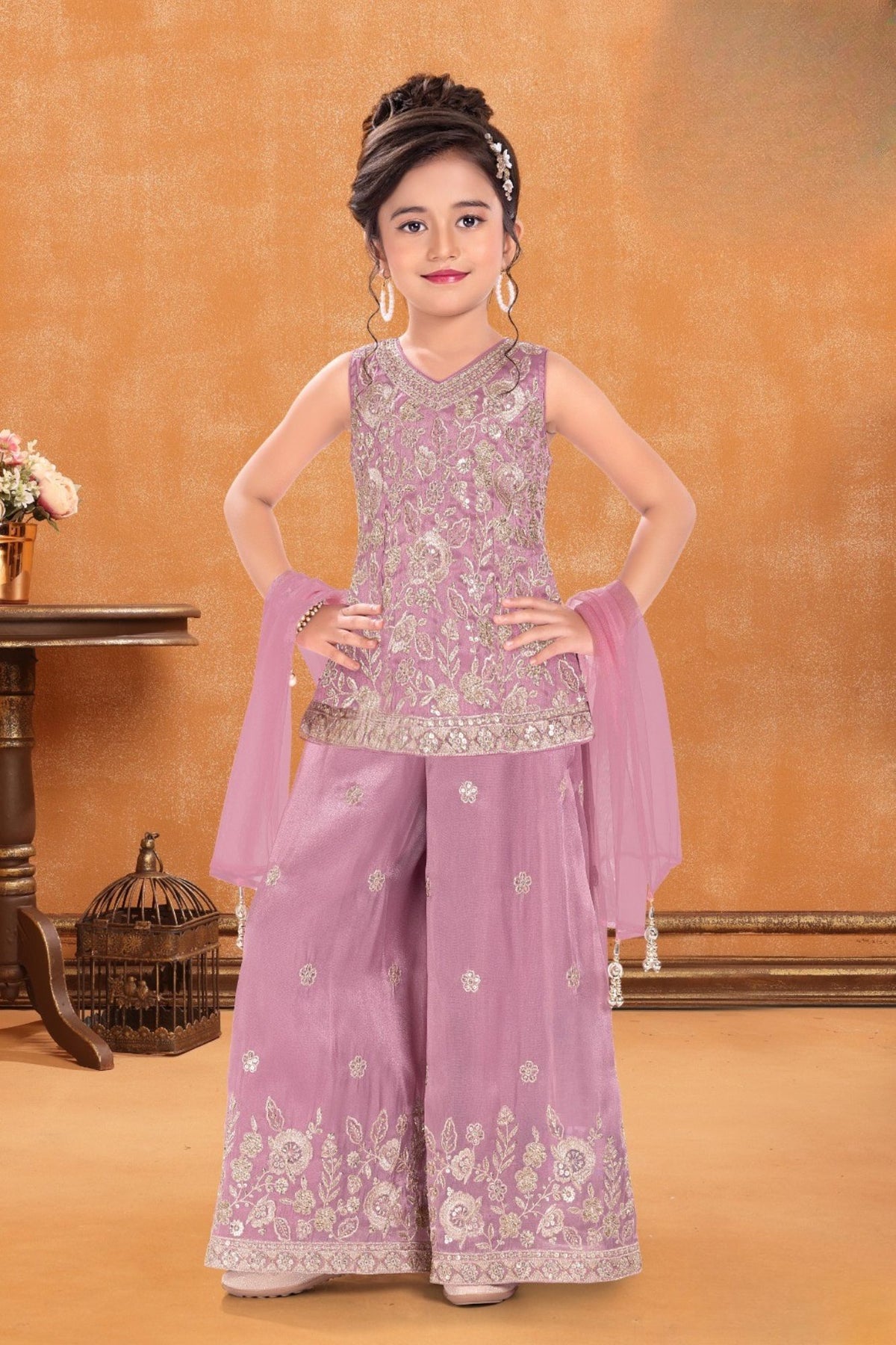 Girls Dusty Pink Silver Floral Embroidered Palazzo Set With Dupatta