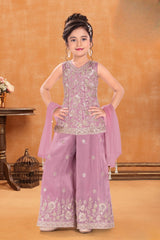 Girls Dusty Pink Silver Floral Embroidered Palazzo Set With Dupatta