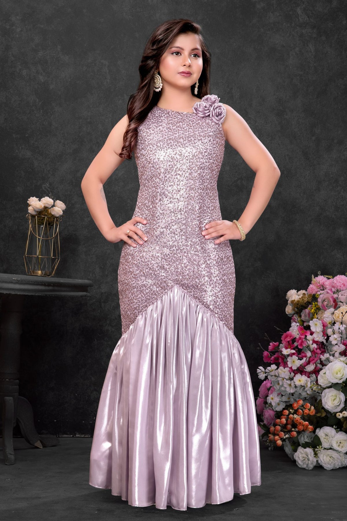 Girls Onion Pink Sequin Embellished One-Shoulder Mermaid Party Gown