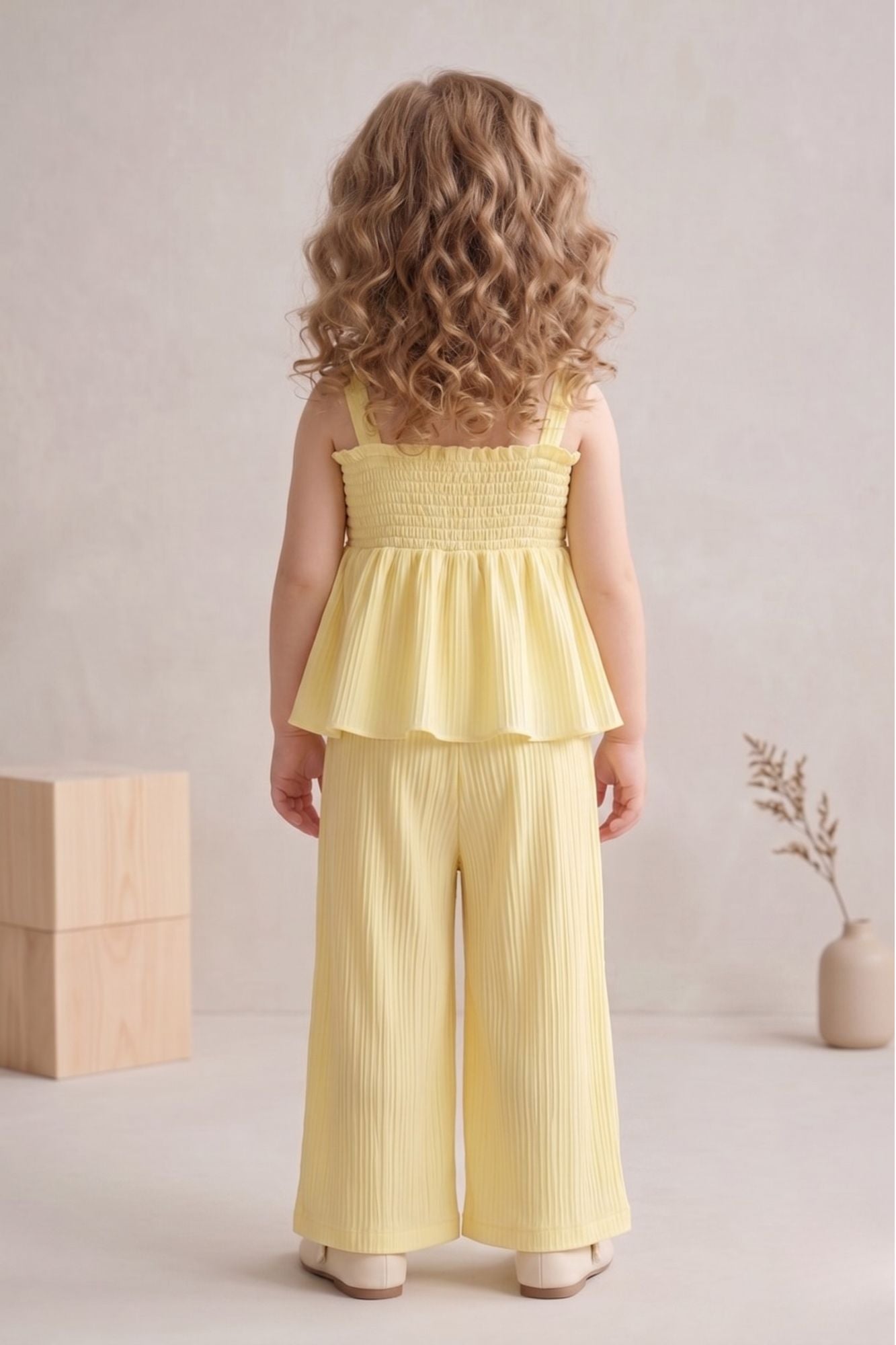 Girls Yellow Smocked Ruffle Top with Wide-Leg Pants Co-Ord Set