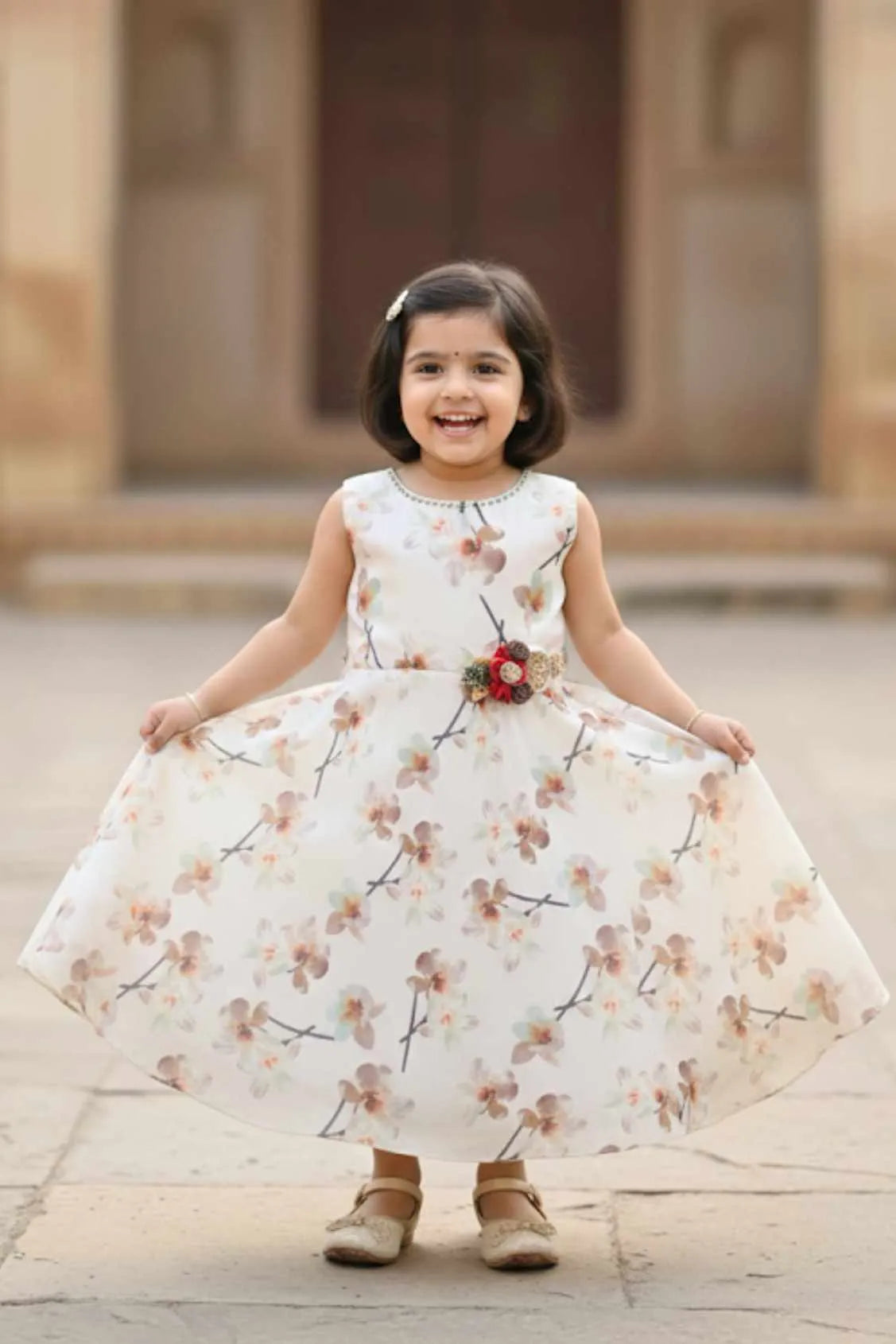 Cream Floral Embellished Gown For Girls