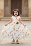 Cream Floral Embellished Gown For Girls