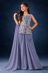 Lavender Embroidered Draped Dhoti Skirt Set For Girls