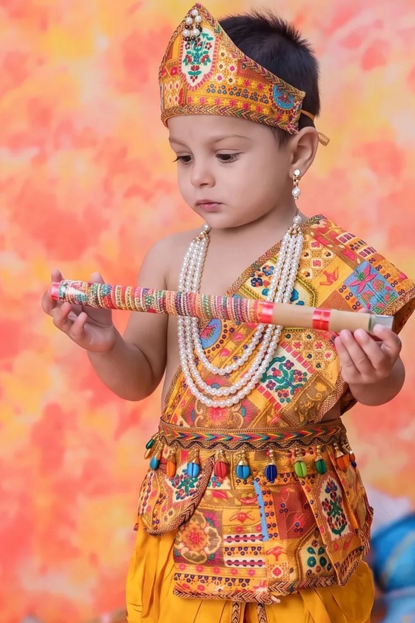 Boys Mustard Yellow Patchwork Ethnic Printed Krishna Dhoti Set with Accessories