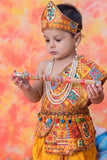 Boys Mustard Yellow Patchwork Ethnic Printed Krishna Dhoti Set with Accessories