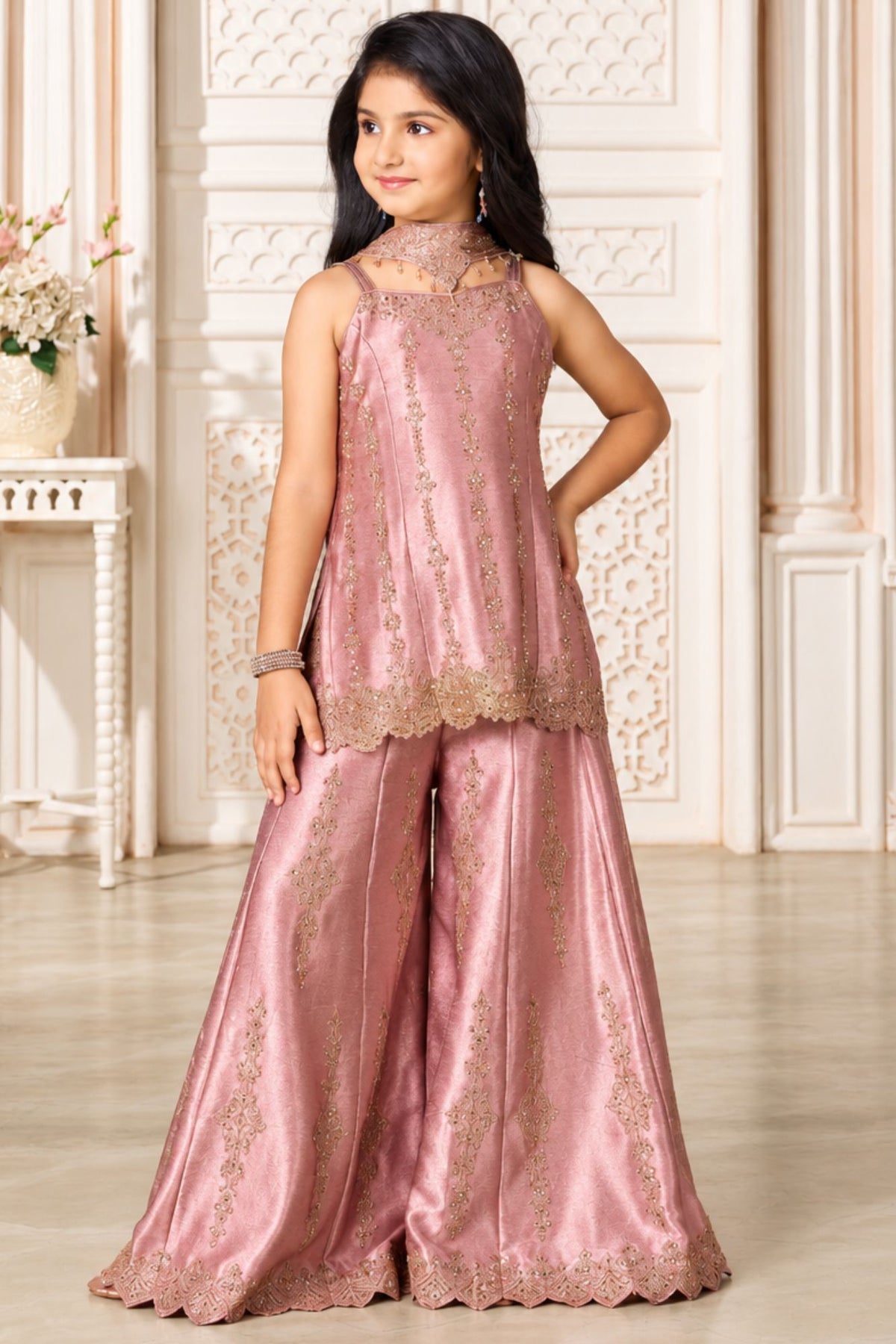 Girls Elegant Dusty Rose With Gold Decorative Vertical Motif Embroidered Palazzo Set
