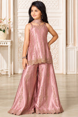 Girls Elegant Dusty Rose With Gold Decorative Vertical Motif Embroidered Palazzo Set