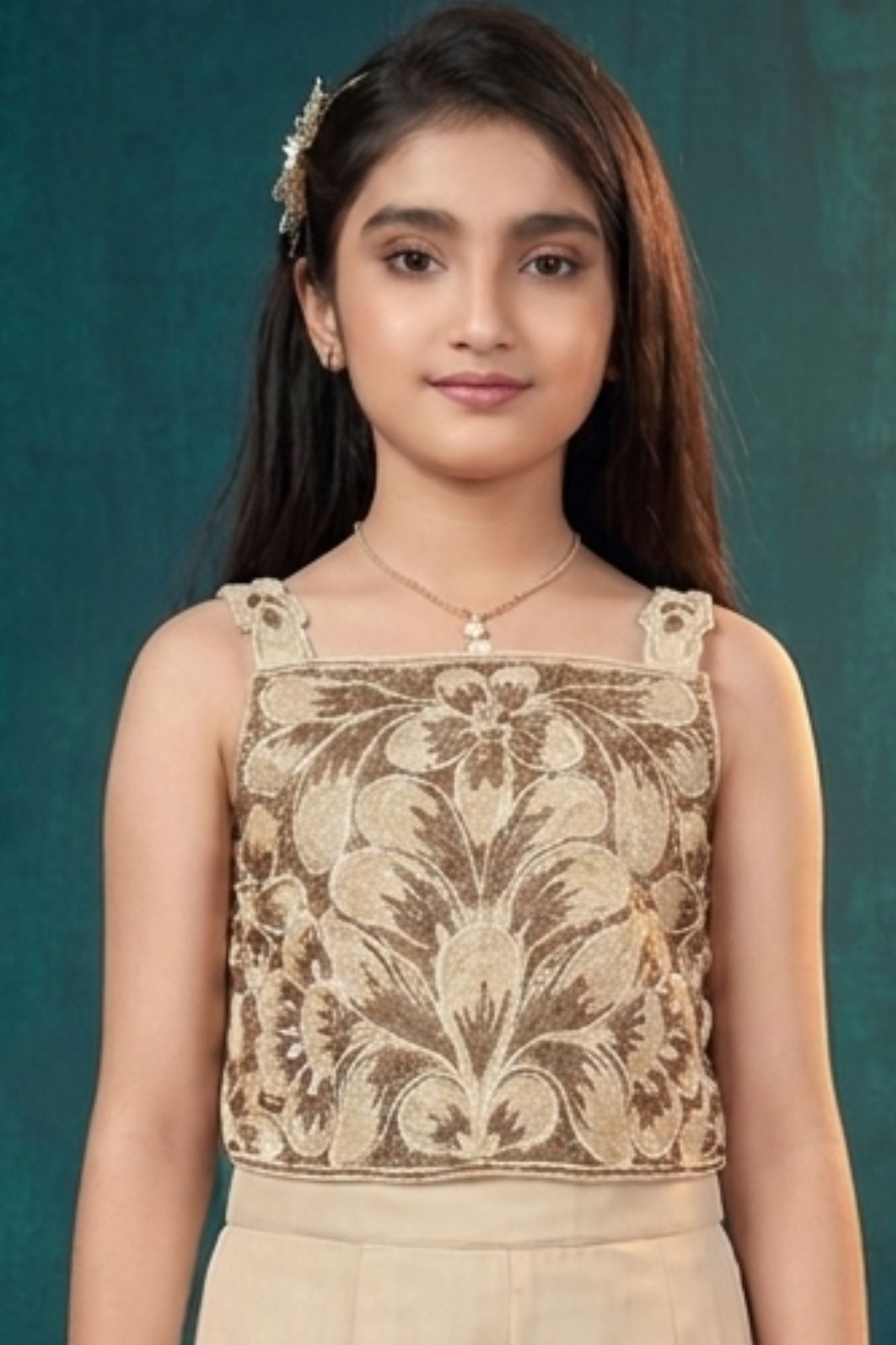 Cream Floral Embroidered Top And Palazzo Set For Girls