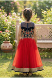 Red And Navy Embroidered Gown For Girls
