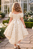 Girls Cream 3D Floral Net High-Low Party Frock With Statement Bow