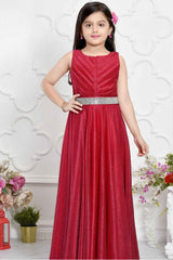 Royal Cherry Red Partywear Gown With Stone Waist Band For Girls