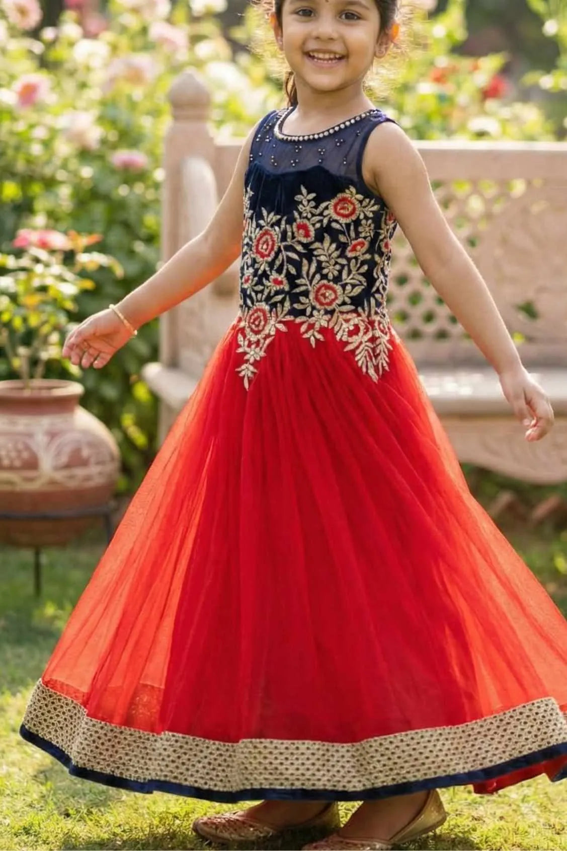 Red And Navy Embroidered Gown For Girls