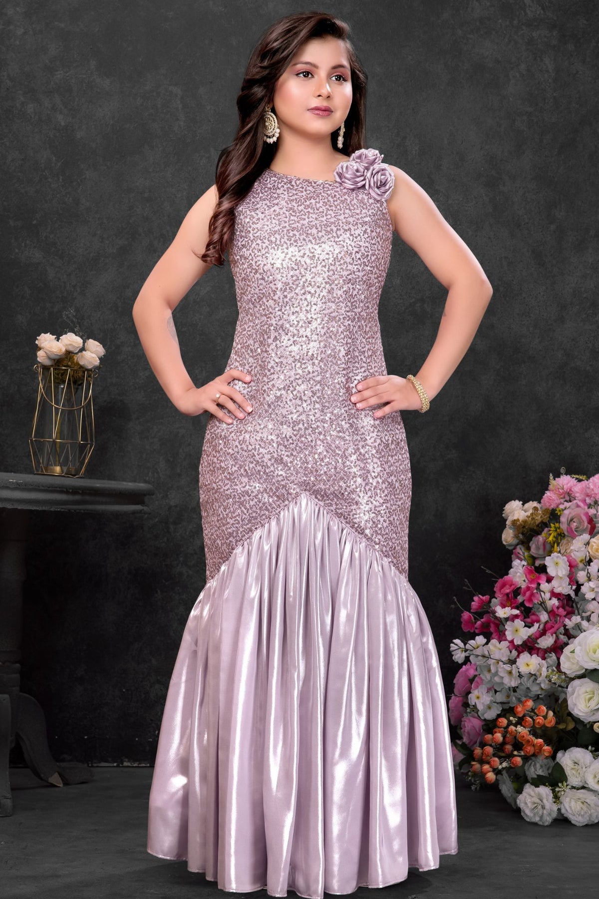 Girls Onion Pink Sequin Embellished One-Shoulder Mermaid Party Gown