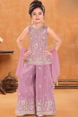 Girls Dusty Pink Silver Floral Embroidered Palazzo Set With Dupatta
