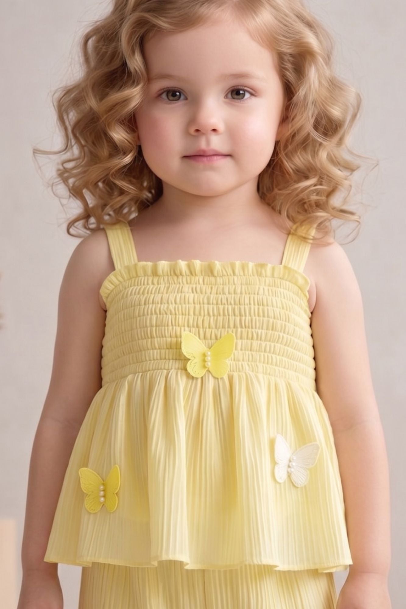 Girls Yellow Smocked Ruffle Top with Wide-Leg Pants Co-Ord Set