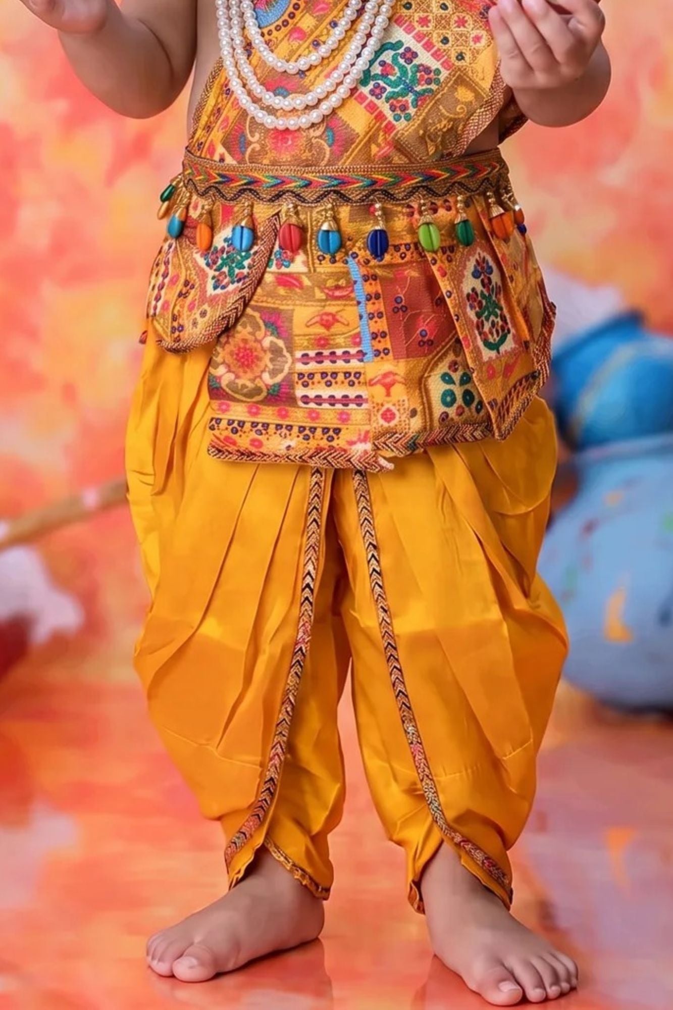 Boys Mustard Yellow Patchwork Ethnic Printed Krishna Dhoti Set with Accessories