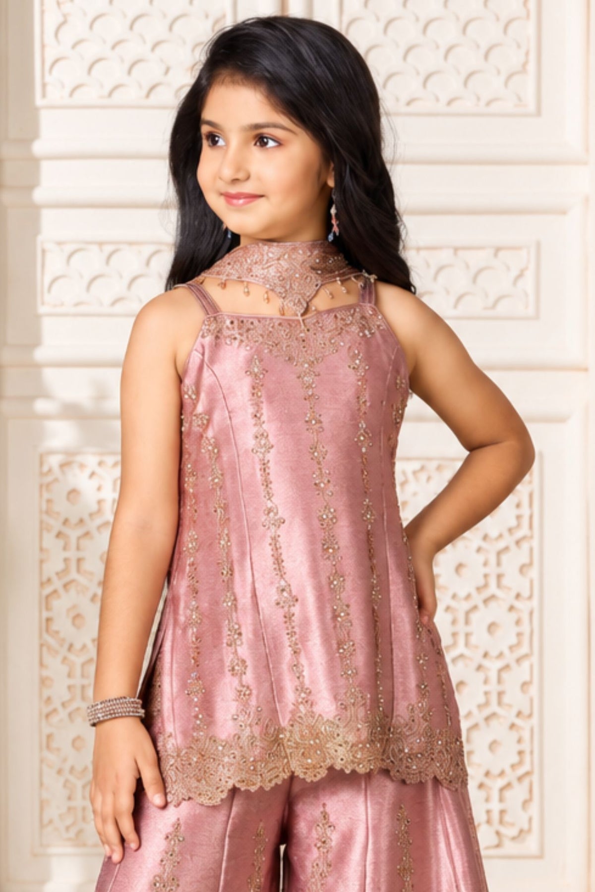 Girls Elegant Dusty Rose With Gold Decorative Vertical Motif Embroidered Palazzo Set