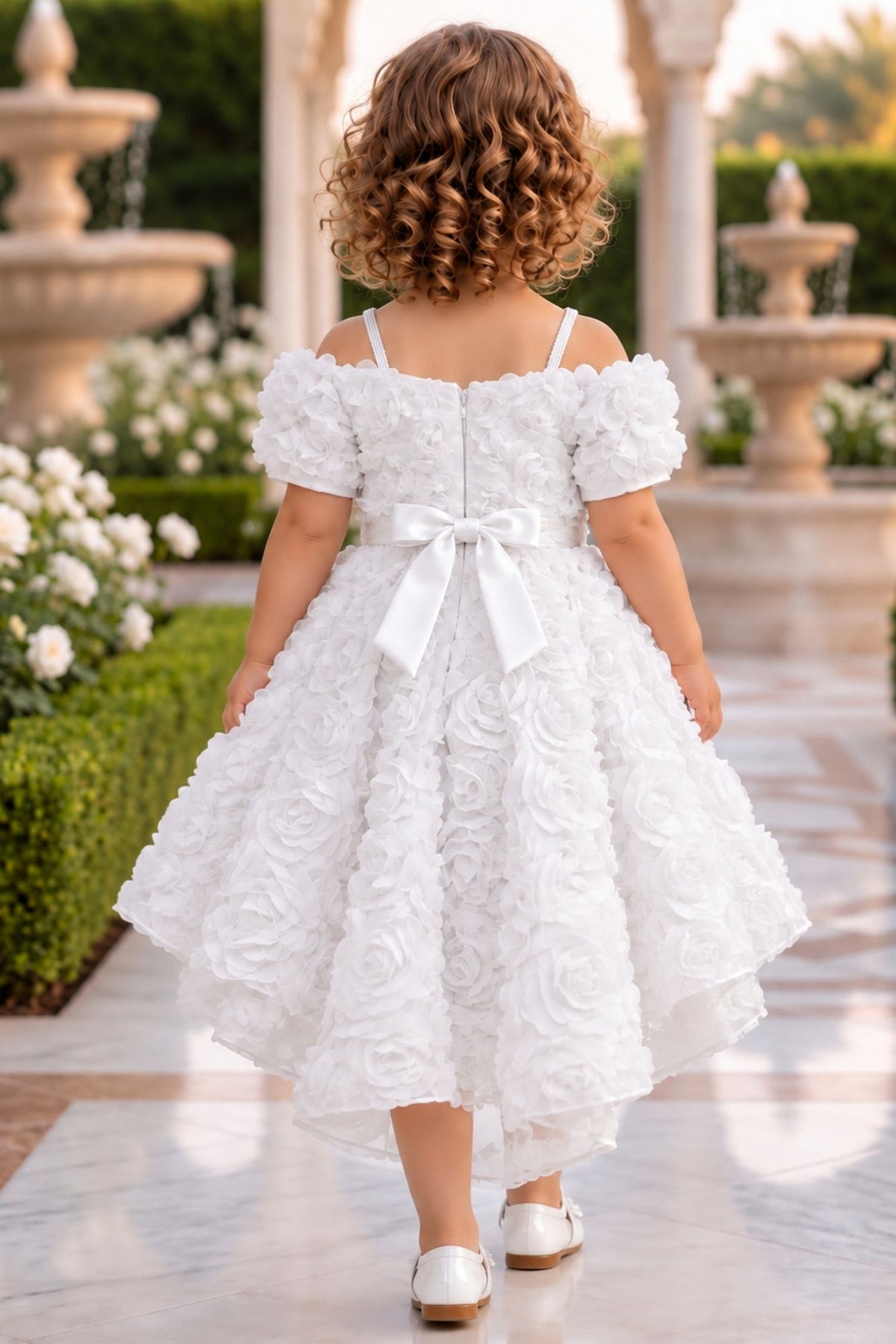 Girls White 3D Floral Net High-Low Party Frock With Statement Bow