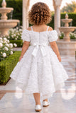 Girls White 3D Floral Net High-Low Party Frock With Statement Bow