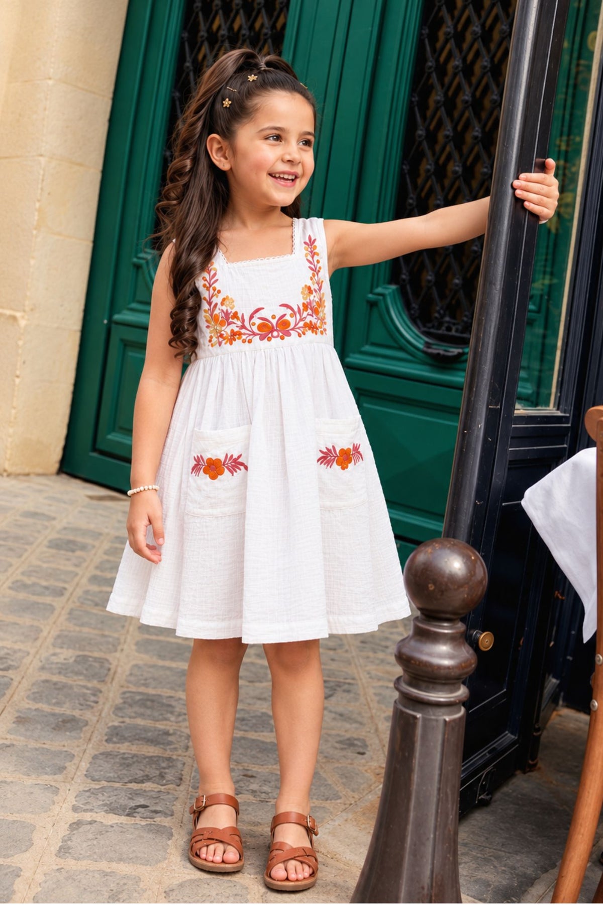 White Floral Embroidered Frock with Pockets