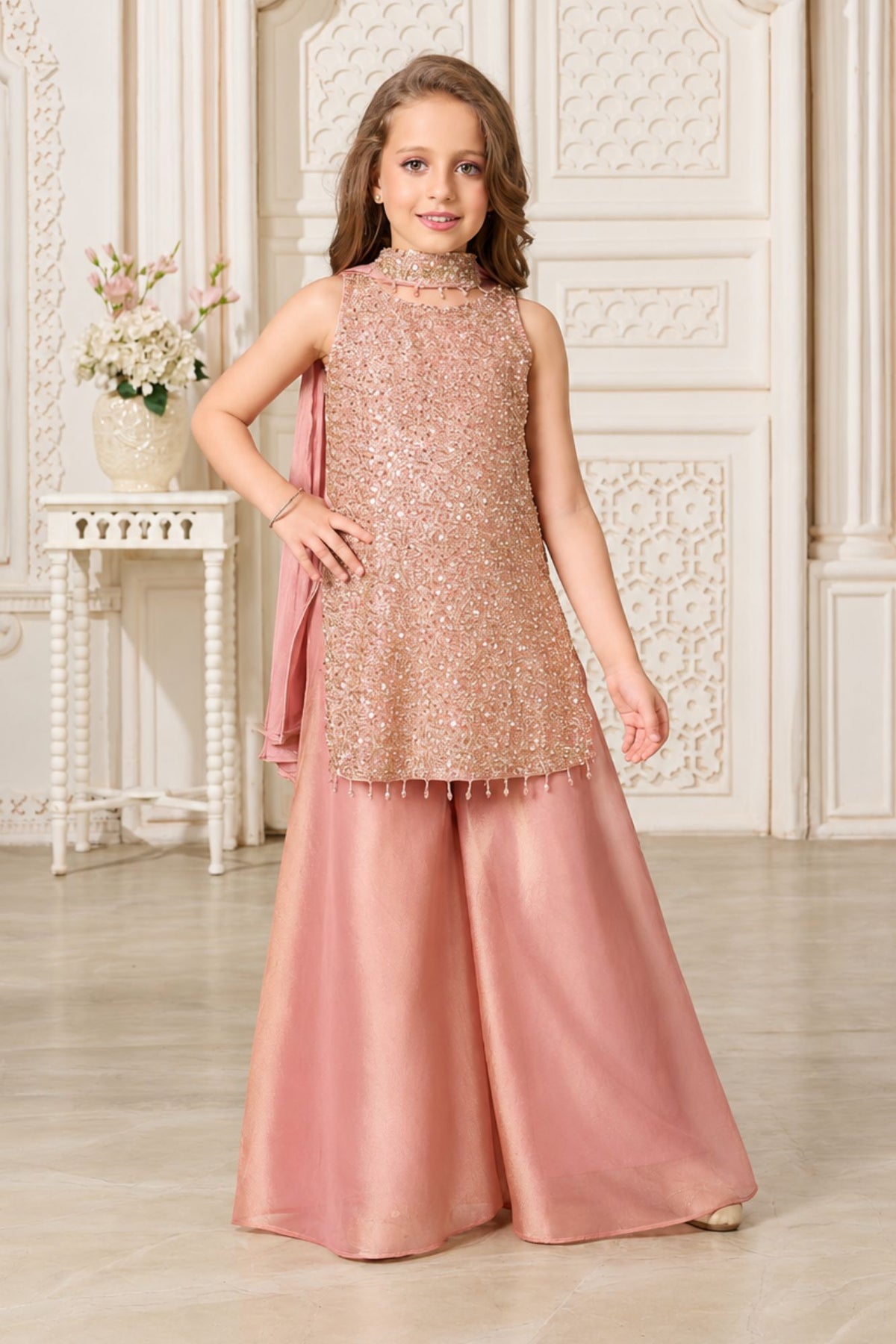 Girls Elegant Pink Densely Sequin Embellished Palazzo Set
