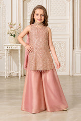 Girls Elegant Pink Densely Sequin Embellished Palazzo Set