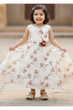 Cream Floral Embellished Gown For Girls