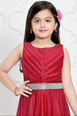 Royal Cherry Red Partywear Gown With Stone Waist Band For Girls