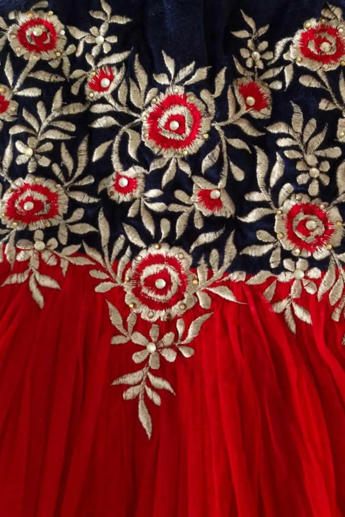 Red And Navy Embroidered Gown For Girls