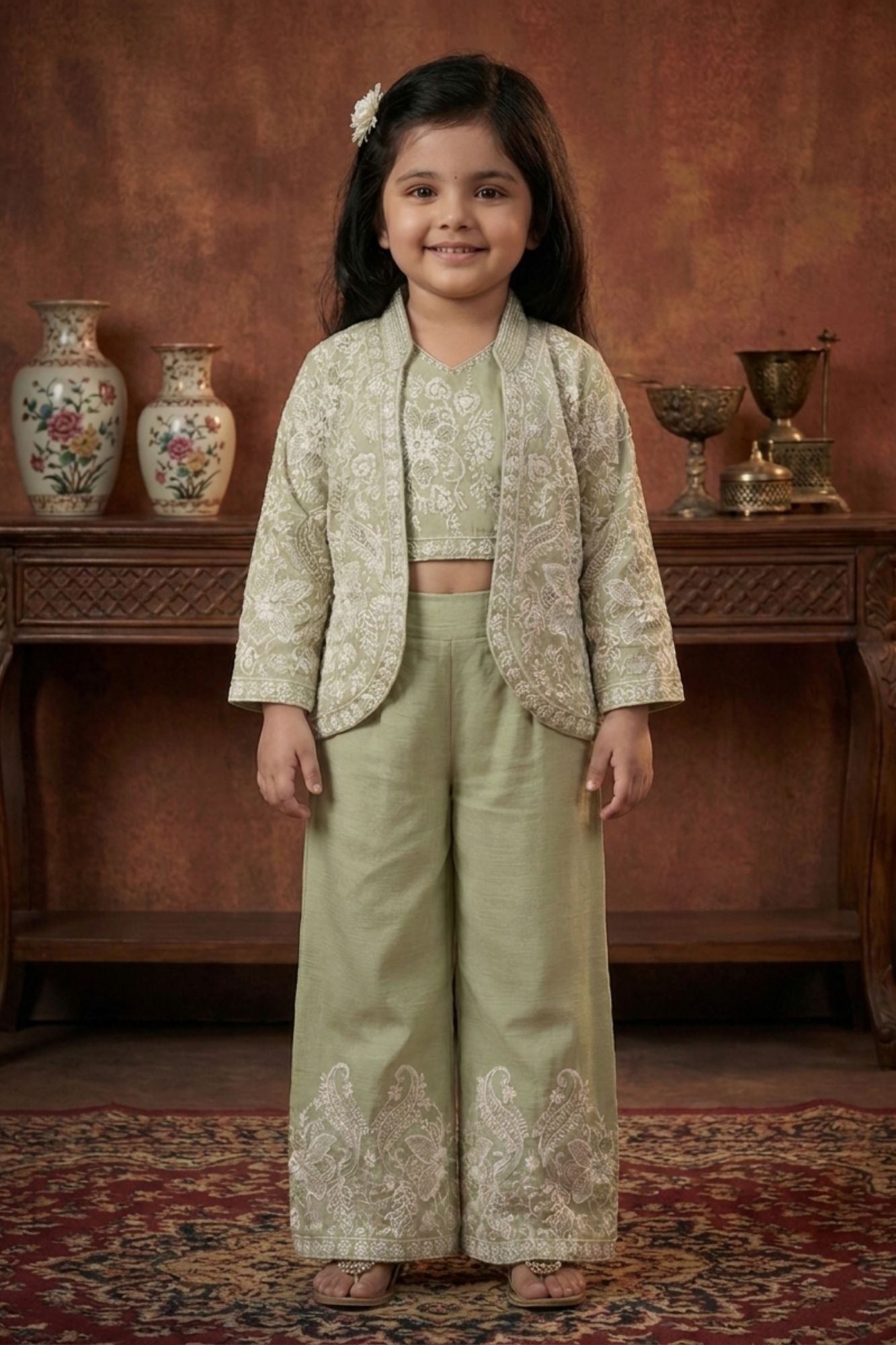 Sage Green Embroidered Palazzo Set With Jacket For Girls