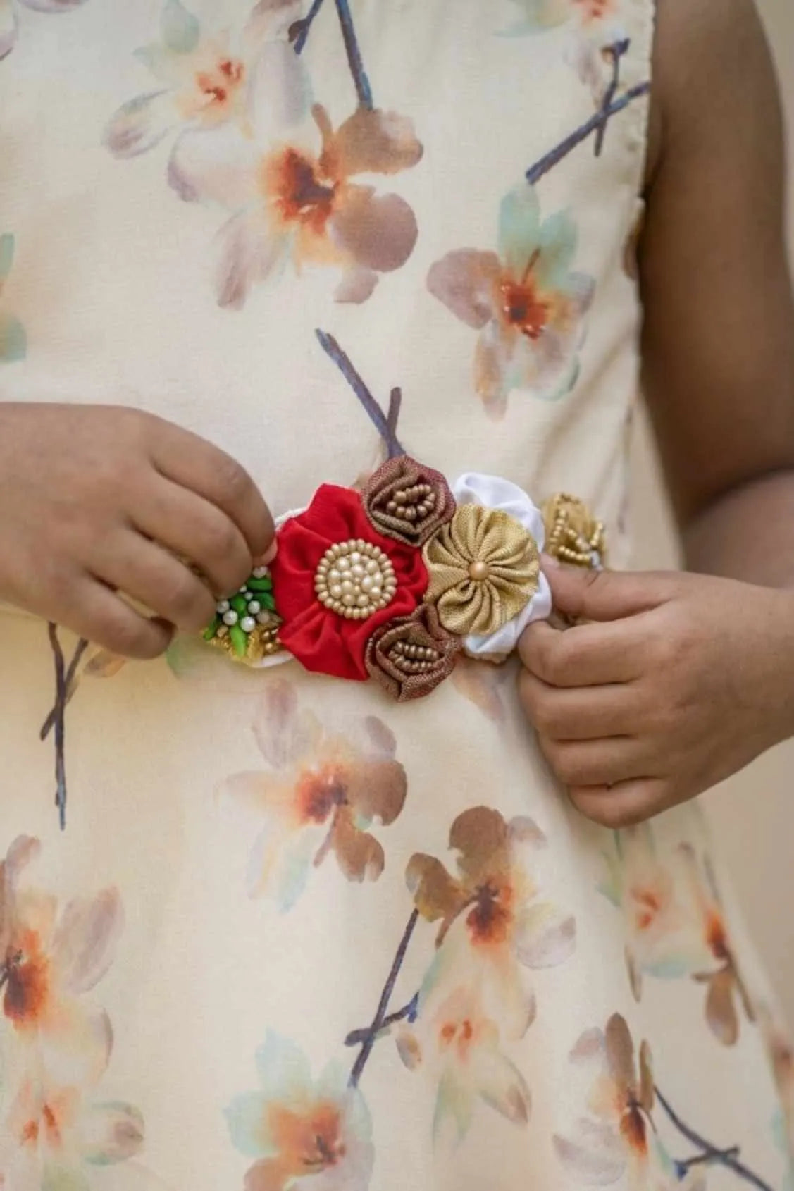 Cream Floral Embellished Gown For Girls
