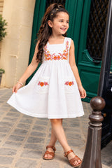 White Floral Embroidered Frock with Pockets