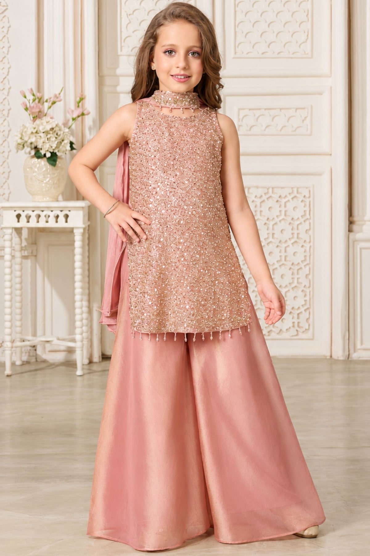 Girls Elegant Pink Densely Sequin Embellished Palazzo Set