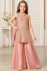 Girls Elegant Pink Densely Sequin Embellished Palazzo Set