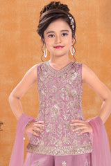 Girls Dusty Pink Silver Floral Embroidered Palazzo Set With Dupatta