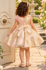 Girls Ivory And Peach Organza Party Frock with Statement Bow