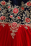 Red And Navy Embroidered Gown For Girls