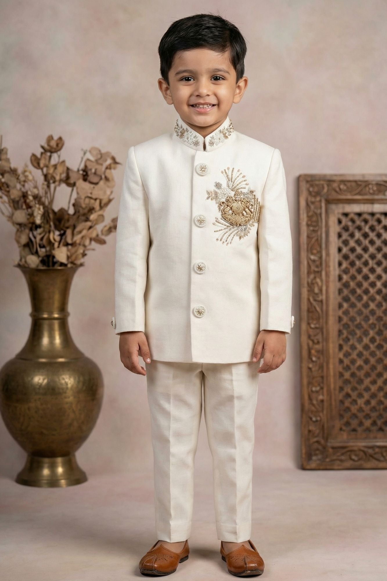 Boys Ivory Jodhpuri Suit with Royal Crest Embroidery