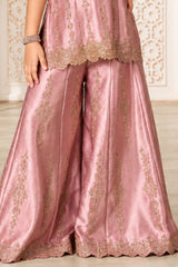 Girls Elegant Dusty Rose With Gold Decorative Vertical Motif Embroidered Palazzo Set