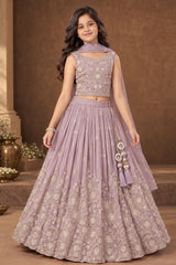 Lavender Embroidered Lehenga Choli Set For Girls With Dupatta