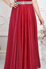 Royal Cherry Red Partywear Gown With Stone Waist Band For Girls