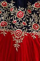 Red And Navy Embroidered Gown For Girls
