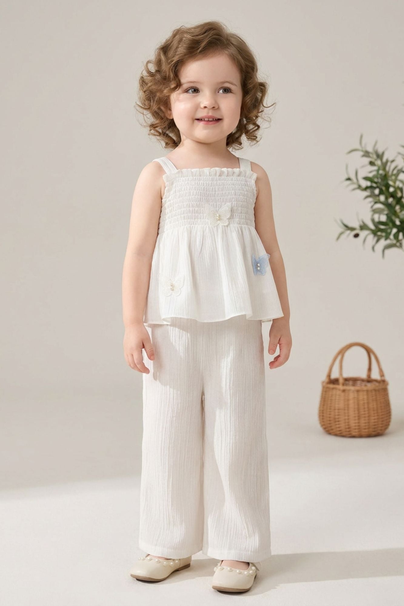 Girls White Smocked Ruffle Top with Wide-Leg Pants Co-Ord Set