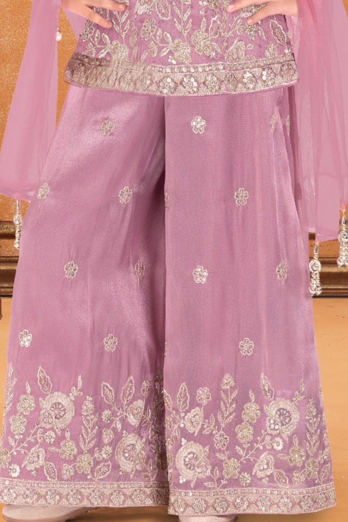 Girls Dusty Pink Silver Floral Embroidered Palazzo Set With Dupatta