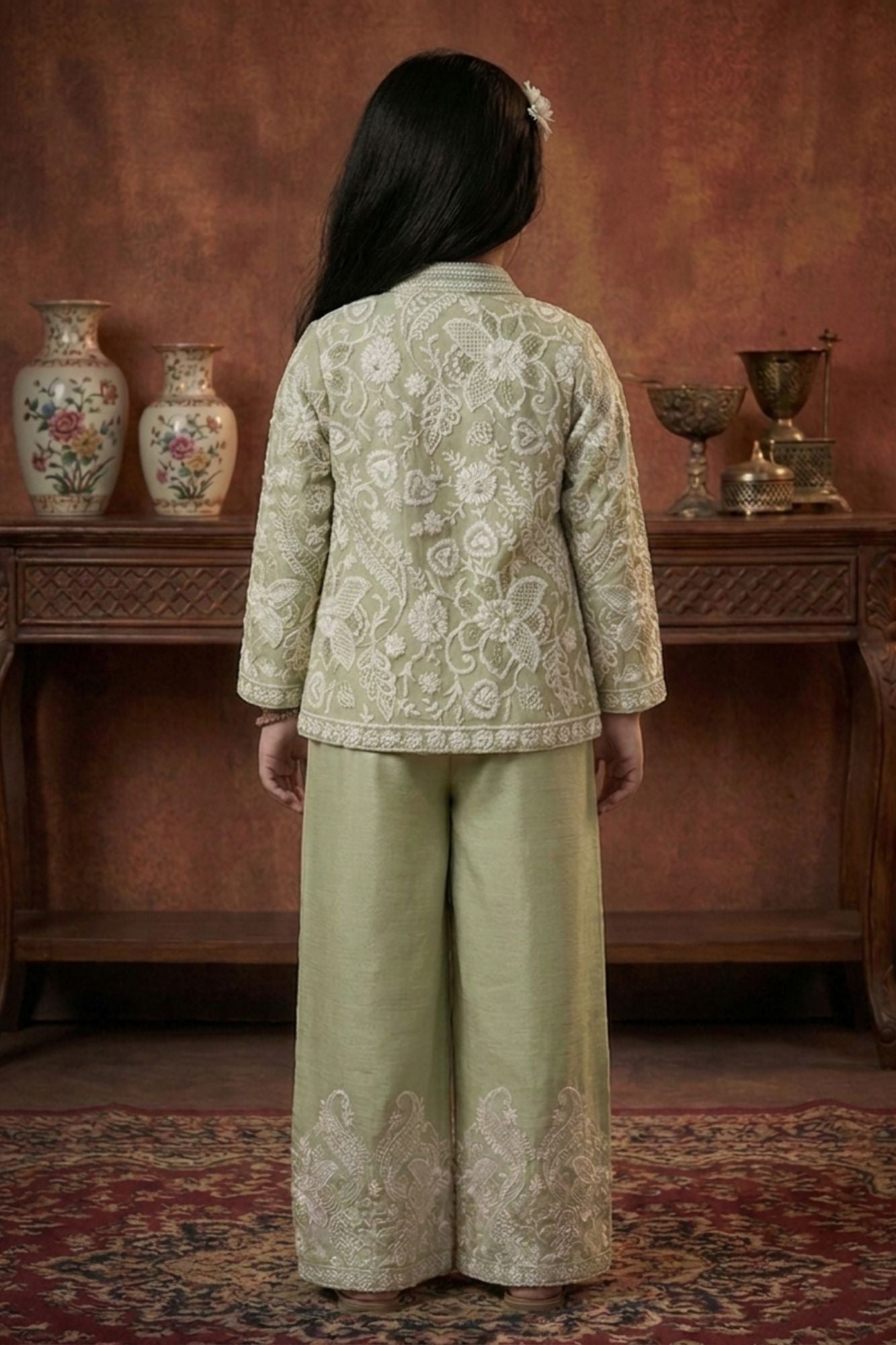 Sage Green Embroidered Palazzo Set With Jacket For Girls