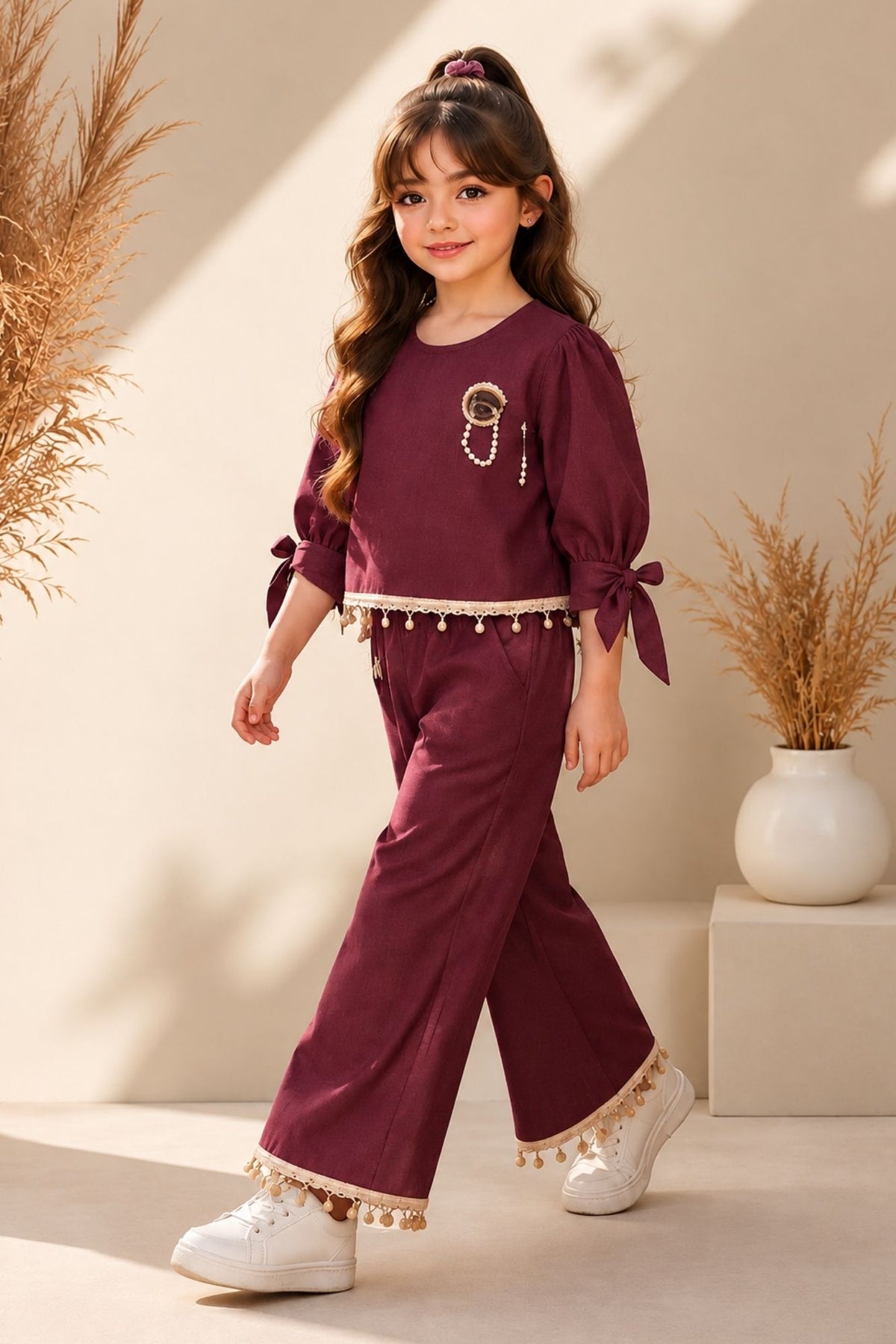 Girls Onion Pink Embellished Top With Wide Leg Co-Ord Set